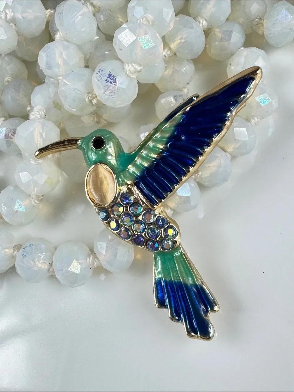 Enamel Hummingbird Brooch Pin in Teal and Blue